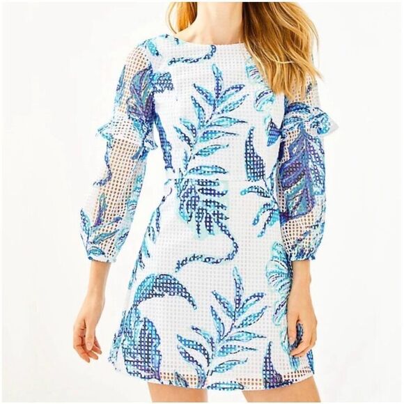 Lilly Pulitzer Blue and White Laurie Romper / Jumpsuit / Playsuit with Sleeves